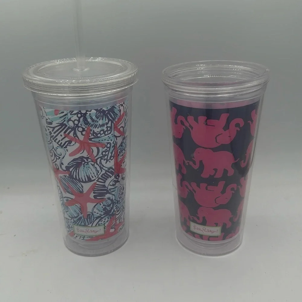 Lilly Pulitzer tumbler cups - blue & pink starfish & pink & blue elephant prints